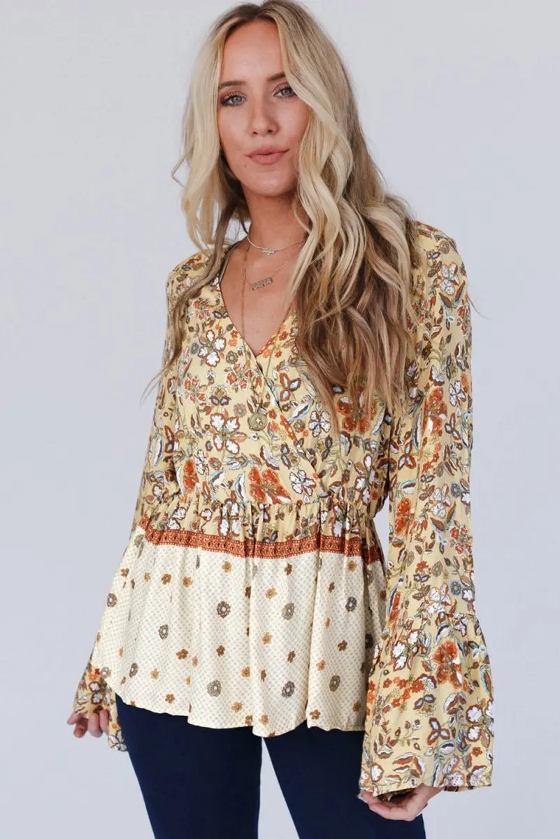 Women's Blouse - V Neck & Bell Sleeves - Floral Bohemian Top