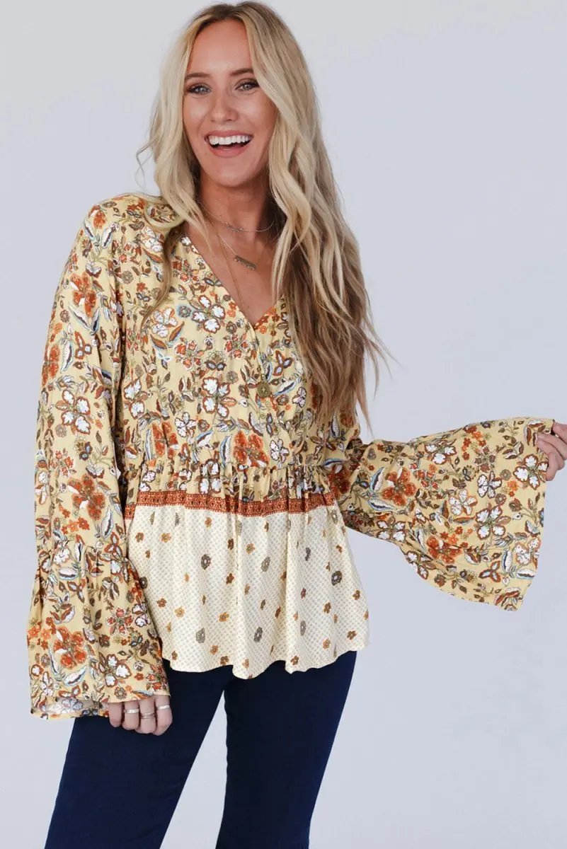 Women's Blouse - V Neck & Bell Sleeves - Floral Bohemian Top