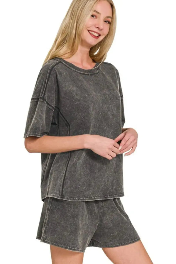 Women's Tee & Shorts Set - Acid Wash & Comfy - Casual