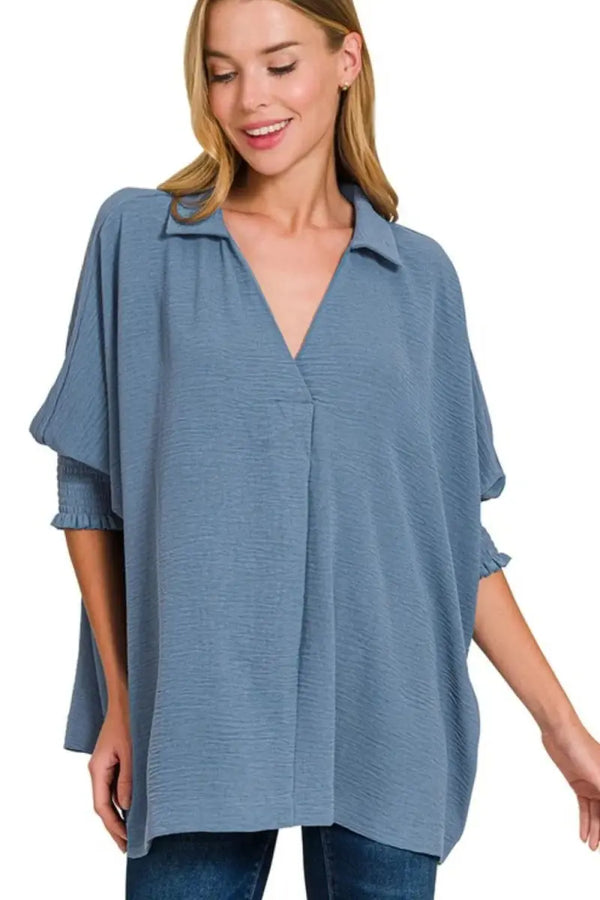 Trendsi Airflow Tee Women's Casual Top Smocked Sleeve Lightweight Shirt