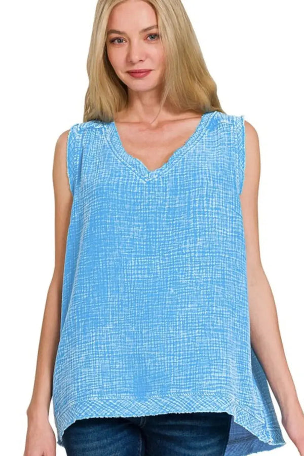 Gauze Tank Top - Raw Edge Acid Wash Soft - Casual Summer Style