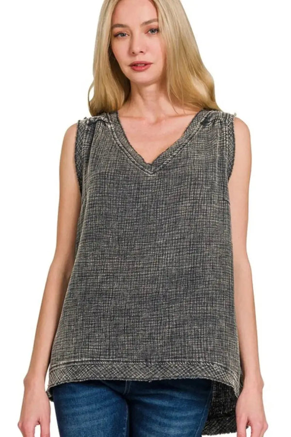 Trendsi Gauze Tank Top Women's Casual Acid Wash Raw Edge Summer Top