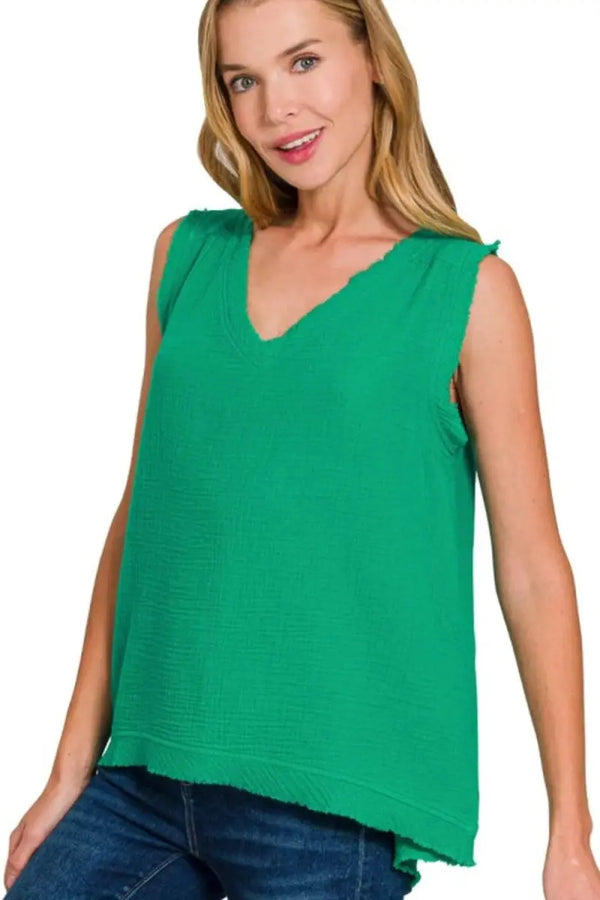 Trendsi Gauze Tank Top Women's Casual V-Neck Summer Basic Top