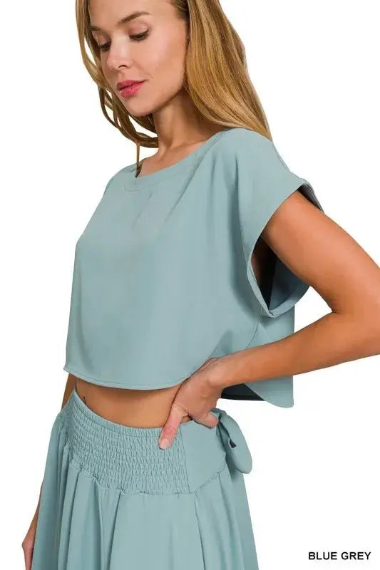 Woven Crop Set - Casual Two Piece - Women's Style