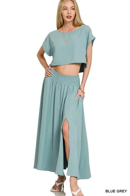 Woven Crop Set - Casual Two Piece - Women's Style