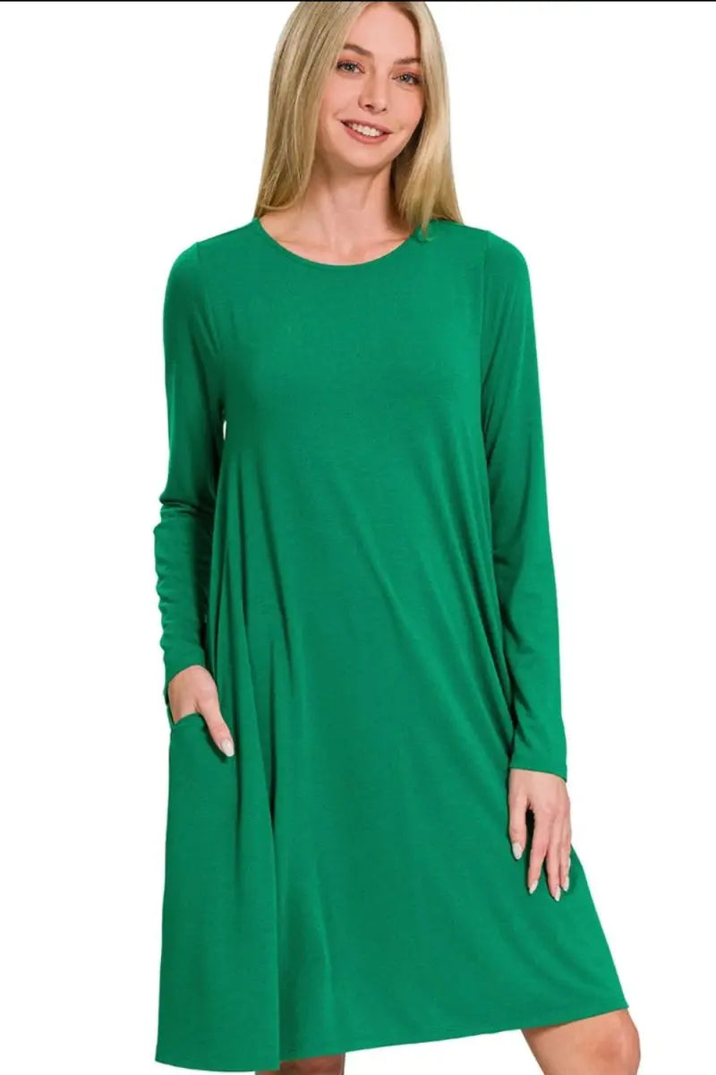 Trendsi Zenana Long Sleeve Dress Women's Casual Flare Dress With Pockets