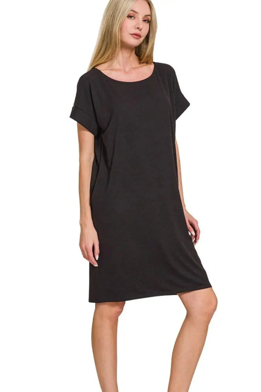 Trendsi Rolled Sleeve Dress Women's Casual Everyday Comfy Basic Dress