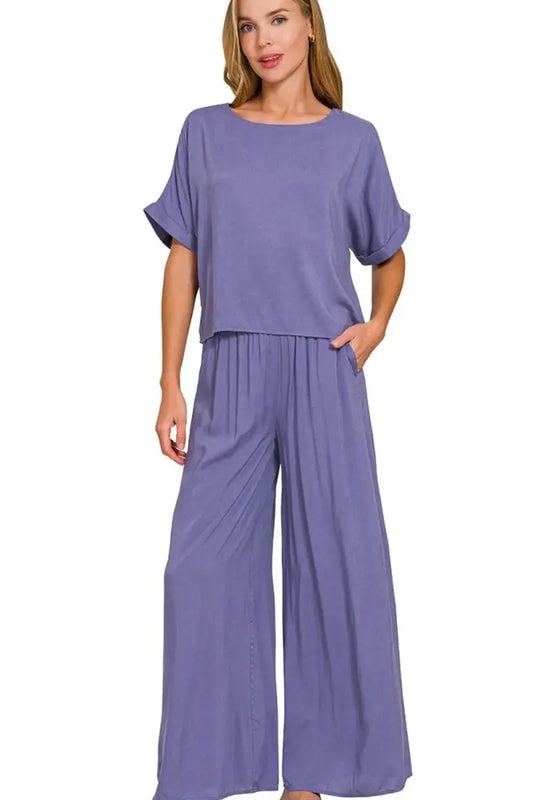 Women's Loungewear Set - Comfy Soft - Wide Leg Round Neck