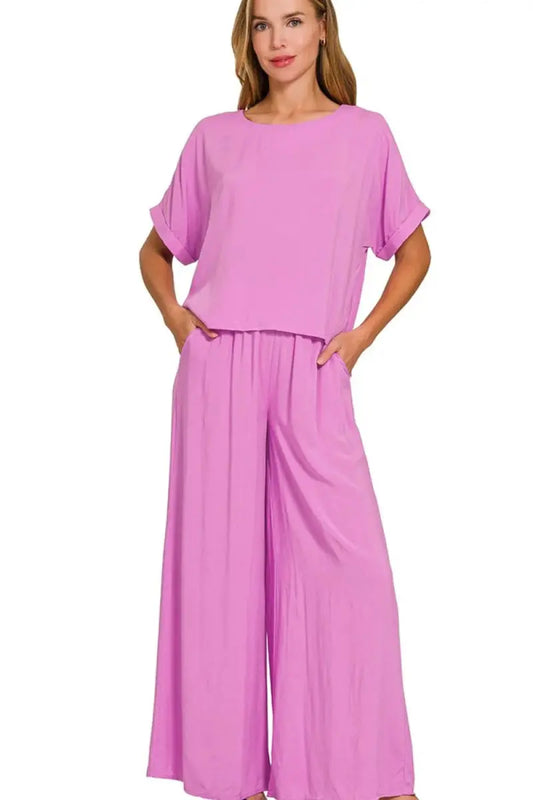 Women's Loungewear Set - Soft & Comfy - Round Neck Tee & Wide Leg Pants