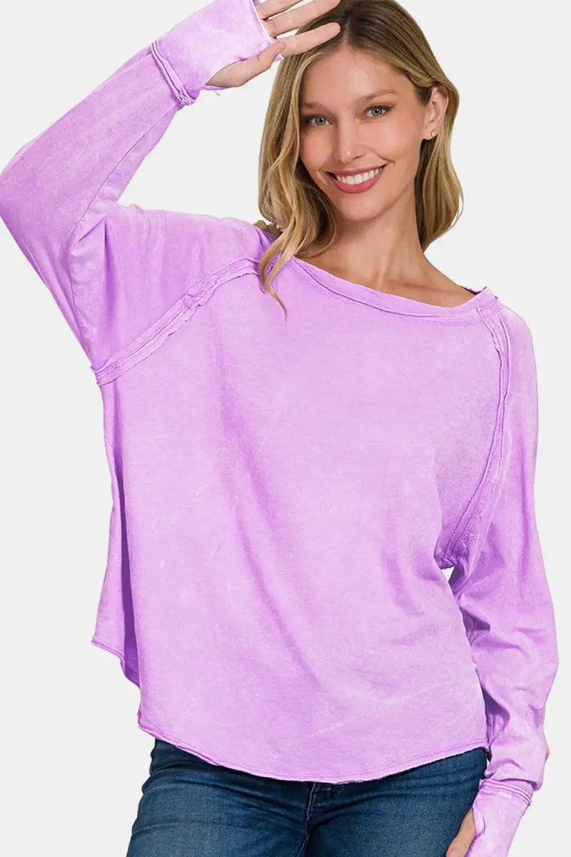 Women's T-Shirt - Layering Long Sleeve Thumbhole Top - Round Neck