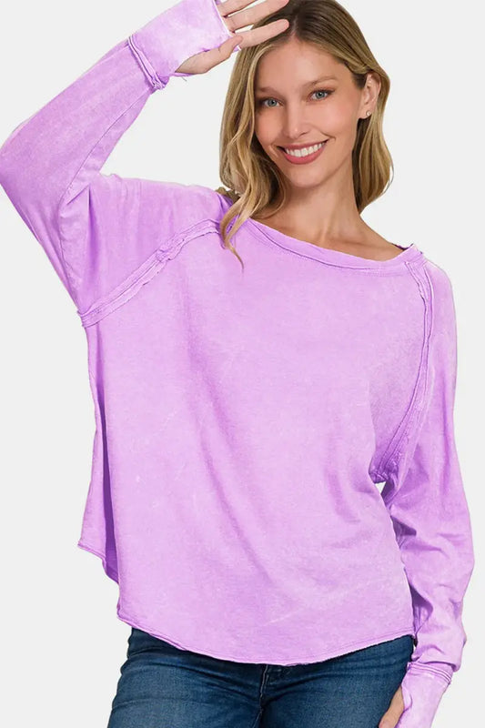 Women's T-Shirt - Layering Long Sleeve Thumbhole Top - Round Neck