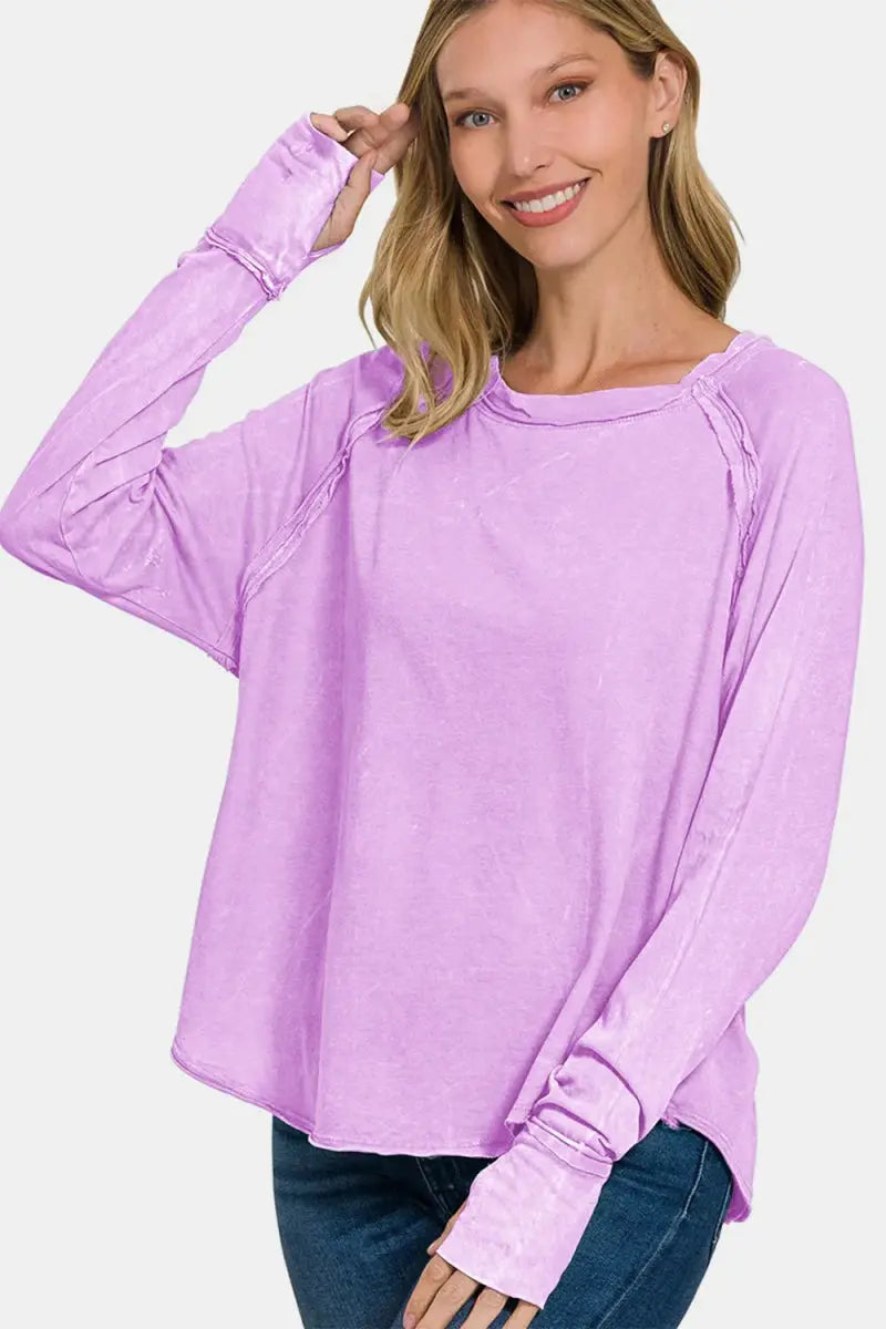 Women's T-Shirt - Layering Long Sleeve Thumbhole Top - Round Neck