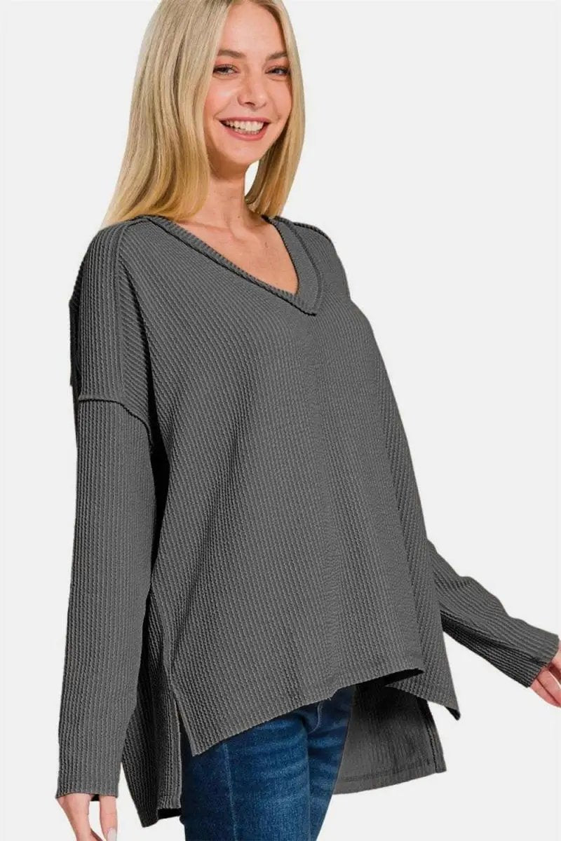 Women's V-Neck Long Sleeve Top - Soft Texture & Unique Seam - Casual Style
