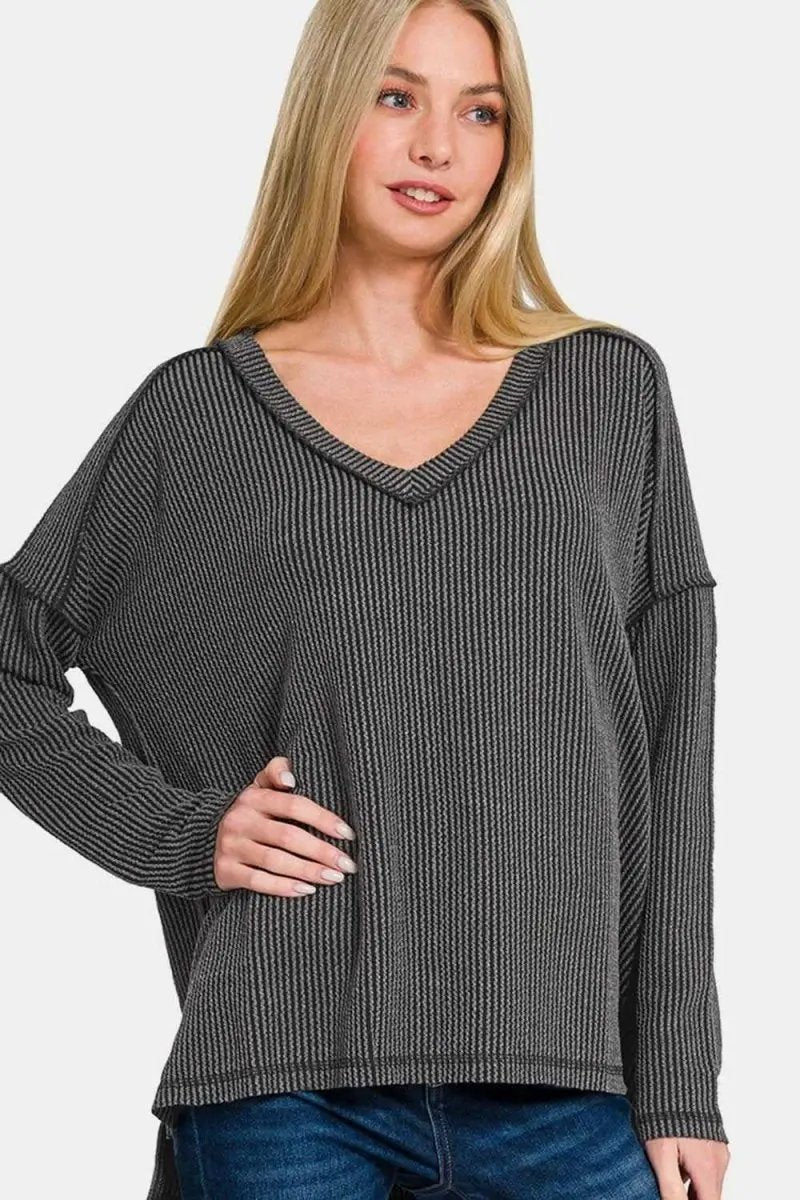 Women's V-Neck Long Sleeve Top - Soft Texture & Unique Seam - Casual Style