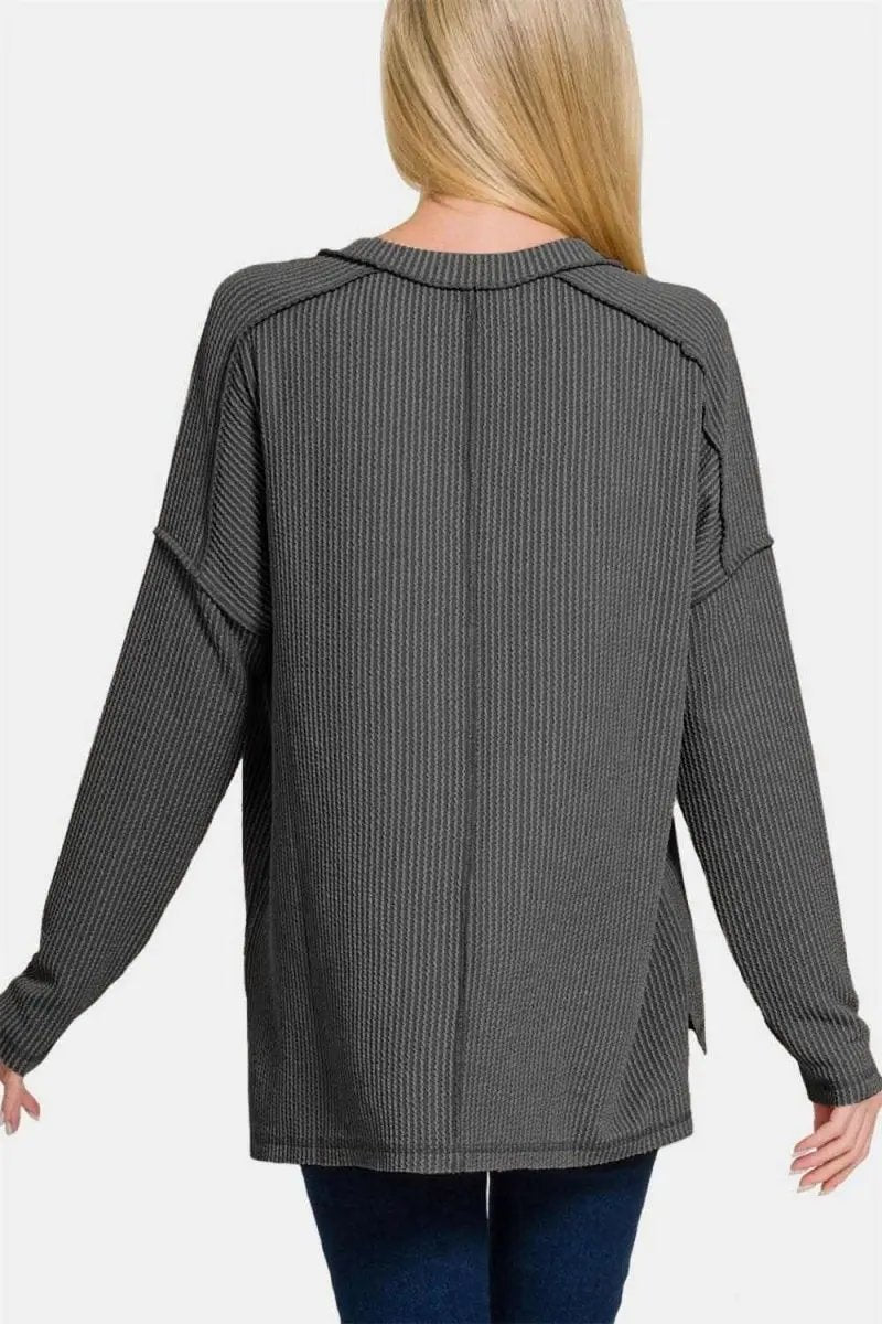 Women's V-Neck Long Sleeve Top - Soft Texture & Unique Seam - Casual Style