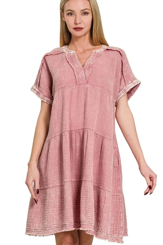 Gauze Dress - V-Neck Lightweight - Summer Casual