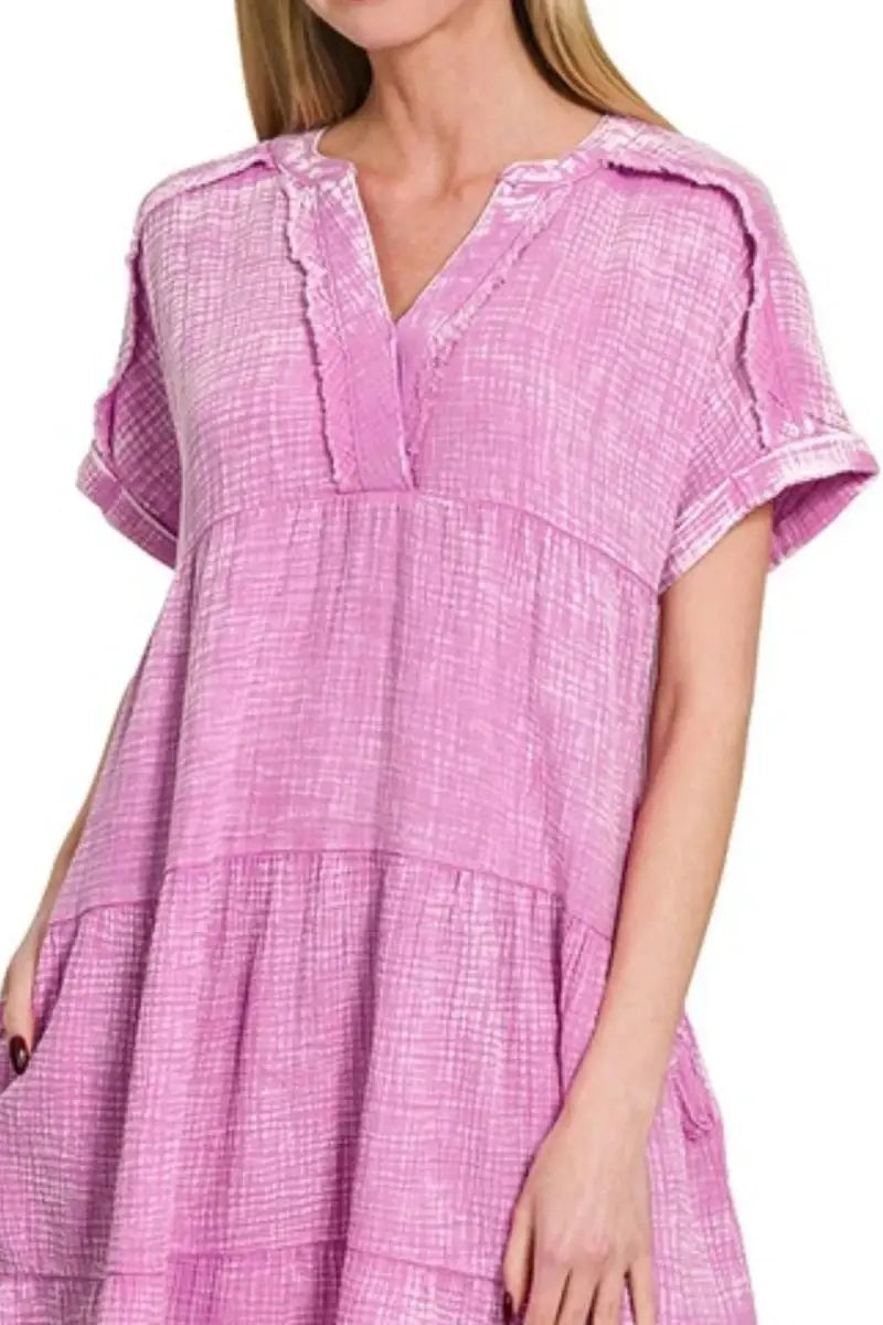 Women's Dress - Lightweight Gauze V-Neck - Casual Summer Raw Edge