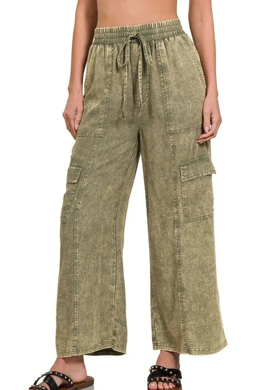 Trendsi Linen Cargo Pants Women's Casual Elastic Waist Relaxed Fit