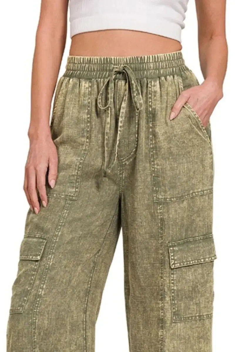 Trendsi Linen Cargo Pants Women's Casual Elastic Waist Relaxed Fit