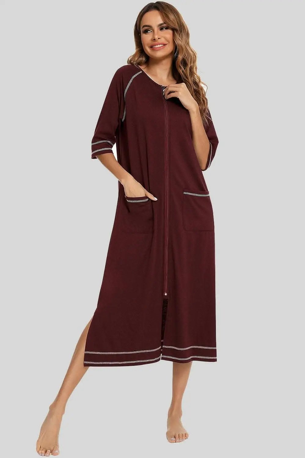 Elegant Zip Night Dress - With Pockets - Comfortable Style