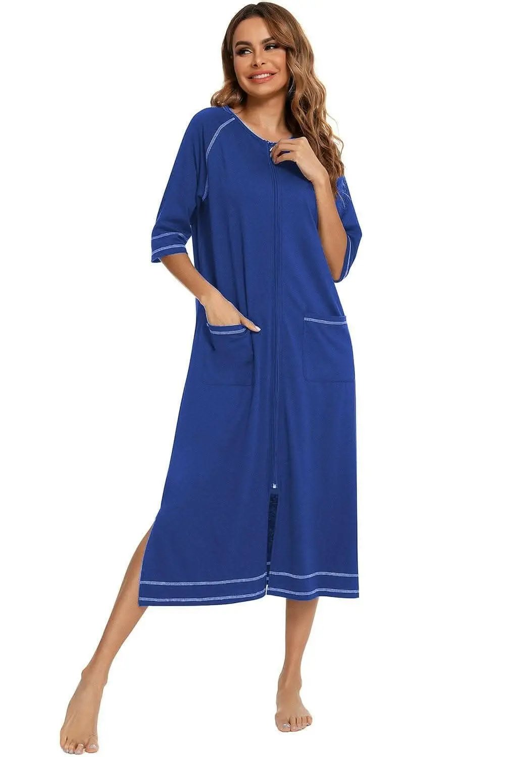 Elegant Zip Night Dress - With Pockets - Comfortable Style