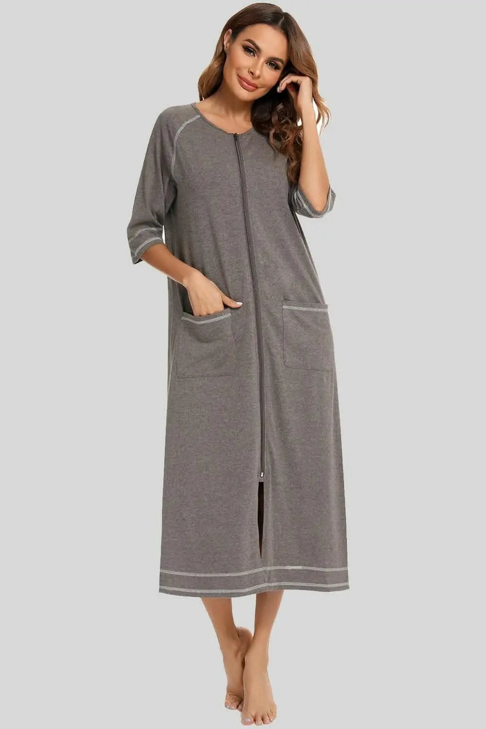 Elegant Zip Night Dress - With Pockets - Comfortable Style