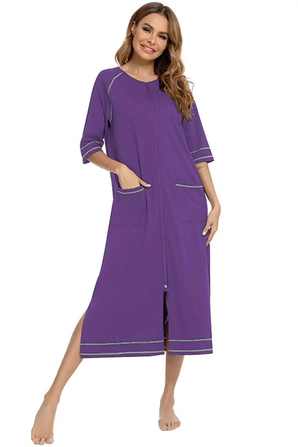 Elegant Zip Night Dress - With Pockets - Comfortable Style