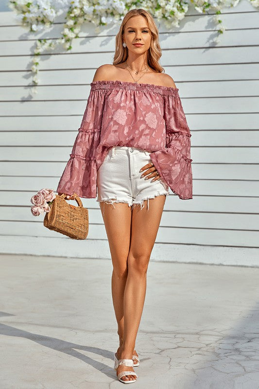 Floral Applique Frill Trim Flare Sleeve Off Should