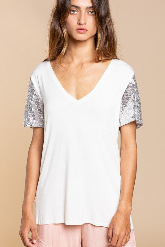 Sequin Short Sleeve Low V-Neck Casual Knit Tee