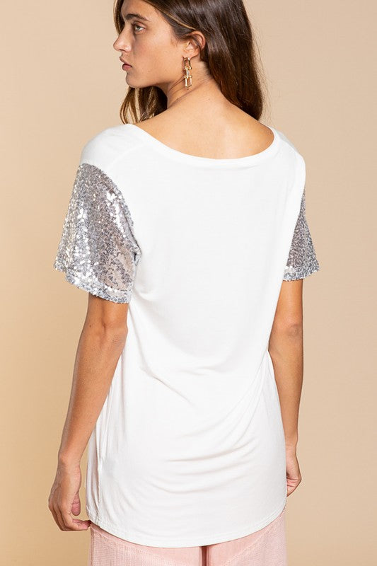 Sequin Short Sleeve Low V-Neck Casual Knit Tee
