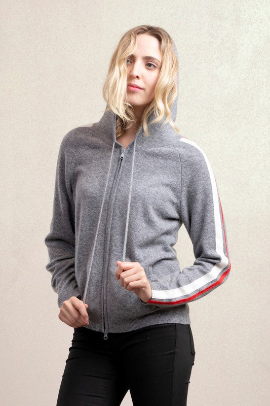 Zipper Cardigan Cashmere Hoodie With Stripe