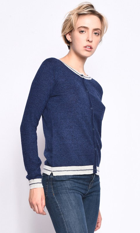 Stripe Accent Round Neck Cardigan