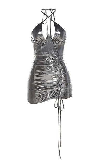 Hanging Neck Drawstring Halter Dress