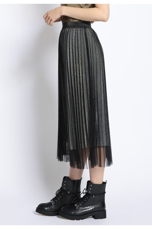 metallic mesh pleated midi skirt