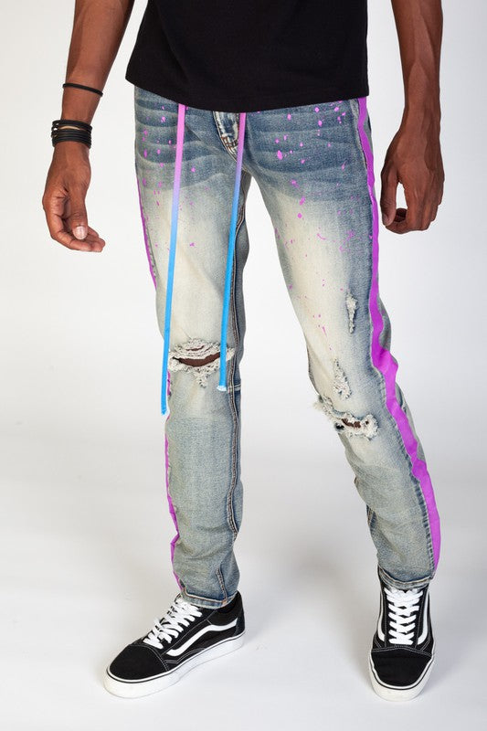 Knd4279 paint striped jeans w/ tie dye drawstring
