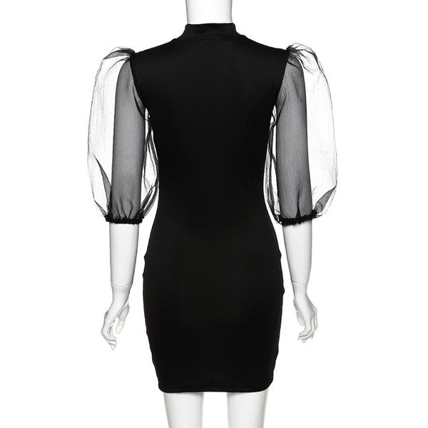 Solid Color Bubble Mesh Sleeve Bodycon Dress
