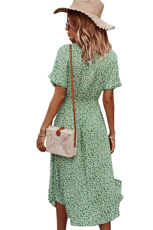 Floral V Neck Short Sleeve Dress