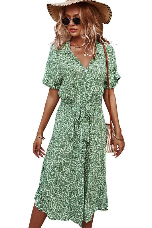 Floral V Neck Short Sleeve Dress