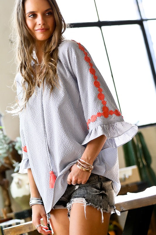 Embroidered Sleeve With Ruffle Pin Stripe Blouse