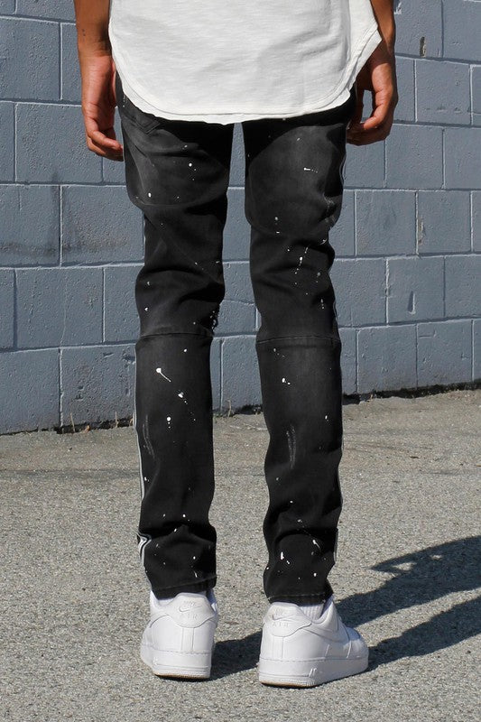 side taped jeans w/ paint splatter