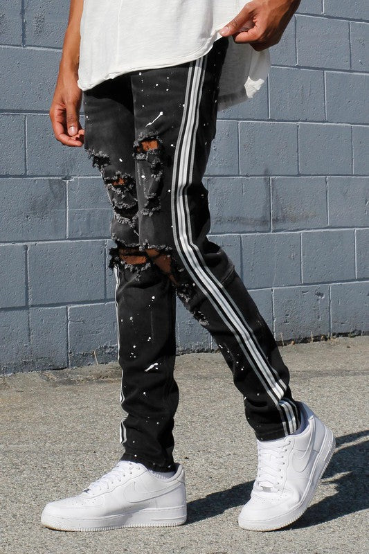 side taped jeans w/ paint splatter