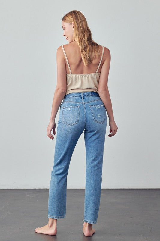 High Rise Distressed Straight Jeans