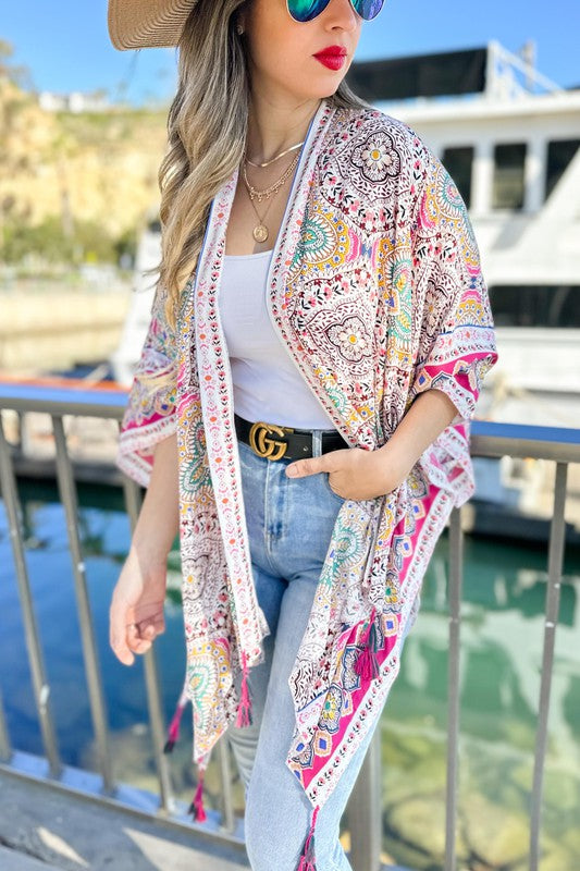 Multi Printed Kimono Cardigan Cover Up
