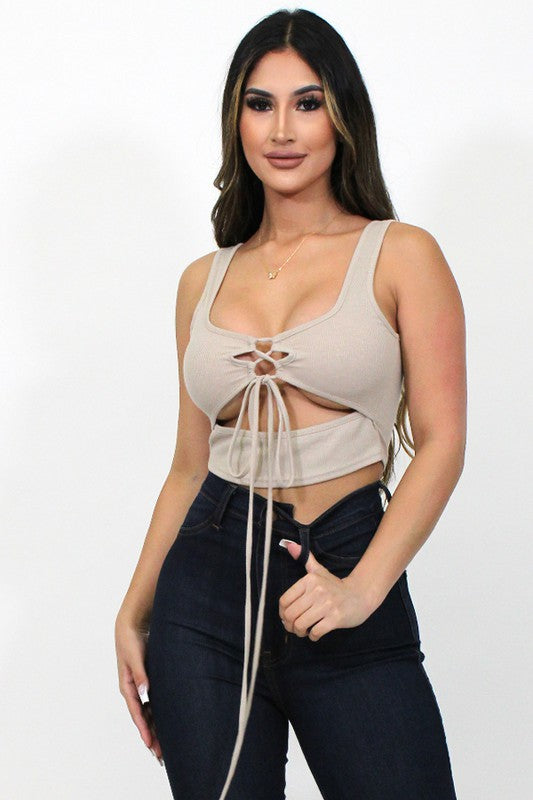 Open Front Lace Up Tie Crop Tank Top