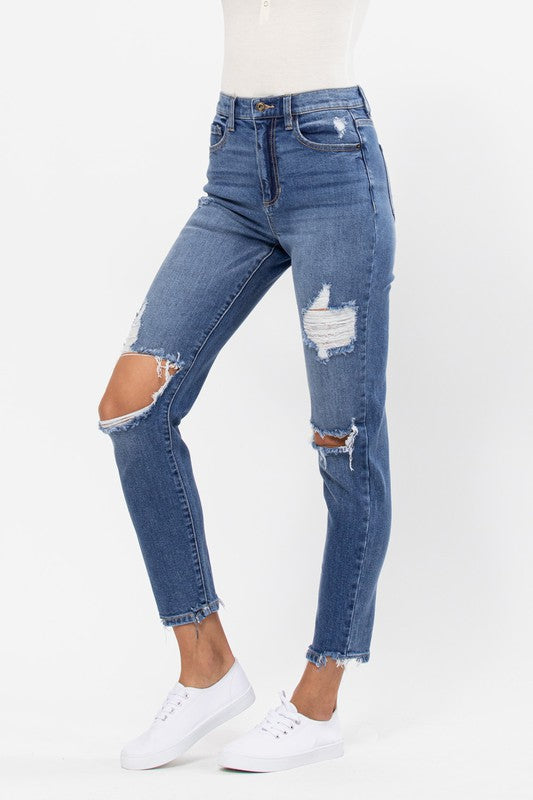 High Rise 90's Skinny Jeans with Destroyed Knees