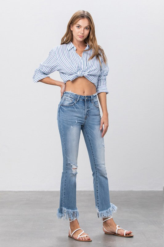Long Bottom Frayed Crop Flare | Jeans.com.