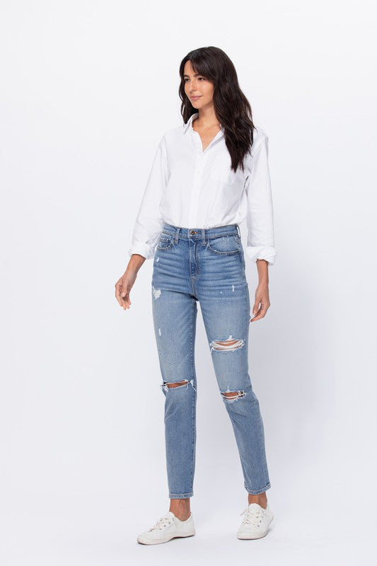 Super High Rise Distressed Ankle Mom Jean