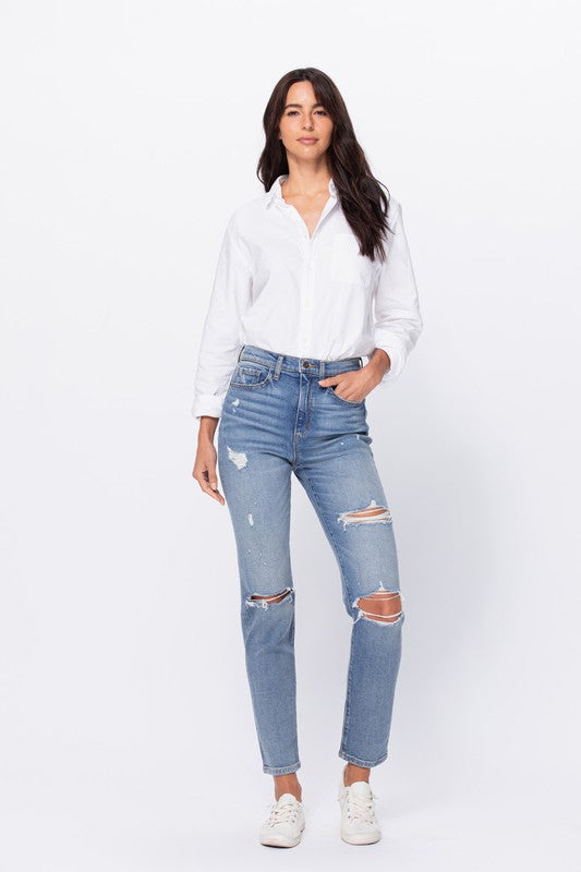 Super High Rise Distressed Ankle Mom Jean