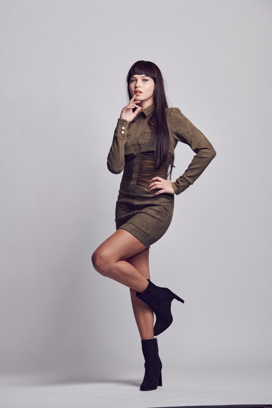 Mesh Panel Suede Mini Dress With Collar