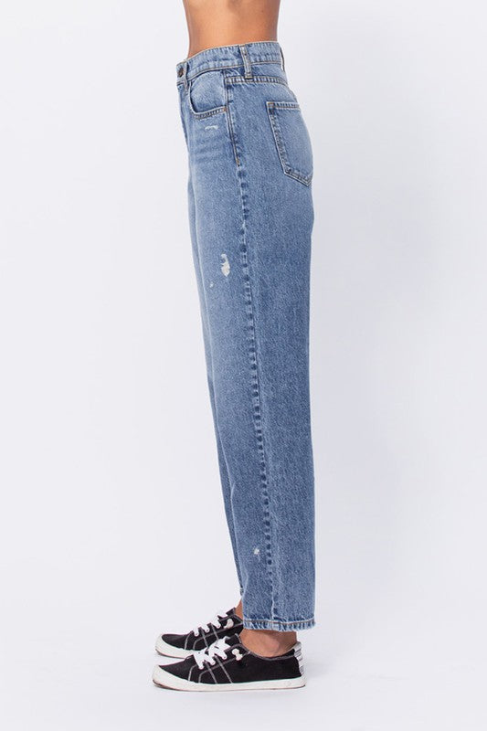 High Rise Slim Straight Leg Jeans with Distressing